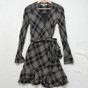 Veronica Beard Black and Tan Plaid Wrap Dress